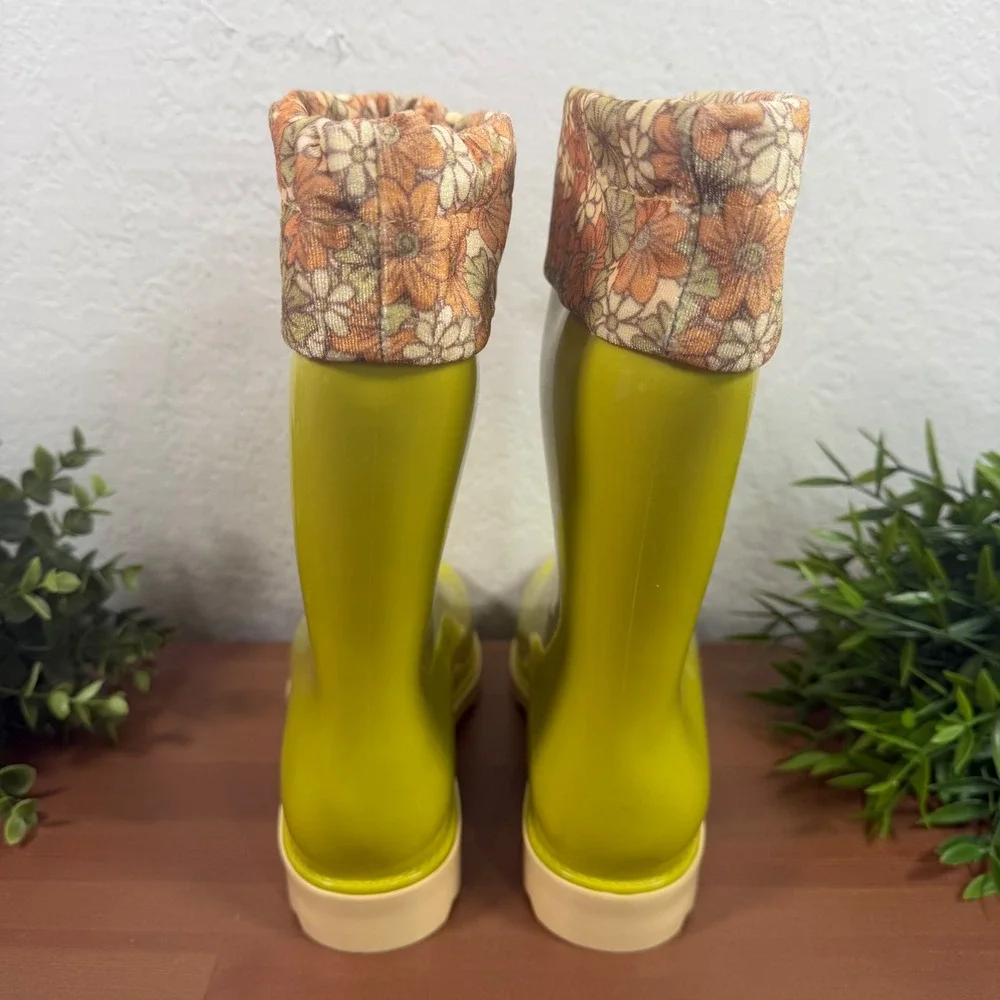 Mini Melissa Girls Rain Boot Green Yellow Floral Print Cuff Rain Boots Size 4